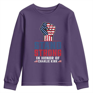 Stand Strong In Honor Of Charlie Kirk Youth Sweatshirt Handfist American Flag TS11 Purple Print Your Wear