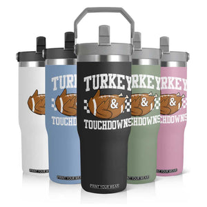 Funny Turkey And Touchdowns Flip Straw Tumbler Thanksgiving American Football - Print Your Wear
