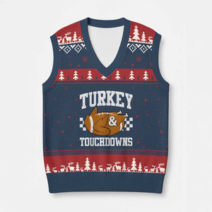 Funny Turkey And Touchdowns V-Neck Knit Sweater Vest Thanksgiving American Football TS11 Navy Red Print Your Wear