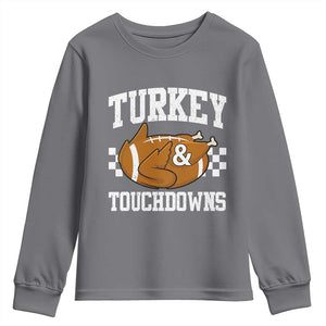 Funny Turkey And Touchdowns Youth Sweatshirt Thanksgiving American Football TS11 Charcoal Print Your Wear