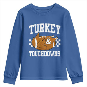 Funny Turkey And Touchdowns Youth Sweatshirt Thanksgiving American Football TS11 Royal Blue Print Your Wear