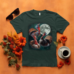 Funny Three Turkey Moon T Shirt Weird Cursed Thanksgiving Meme TS11 Dark Forest Green Print Your Wear