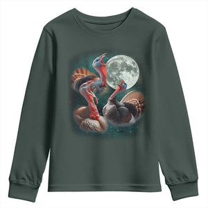 Funny Three Turkey Moon Youth Sweatshirt Weird Cursed Thanksgiving Meme TS11 Dark Forest Green Print Your Wear