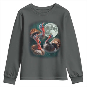 Funny Three Turkey Moon Youth Sweatshirt Weird Cursed Thanksgiving Meme TS11 Dark Heather Print Your Wear