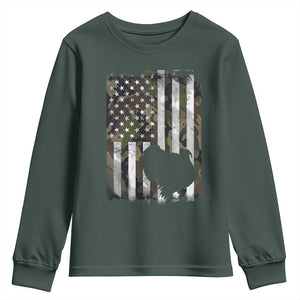Turkey Hunting Camo US American Flag Thanksgiving Youth Sweatshirt TS11 Dark Forest Green Print Your Wear