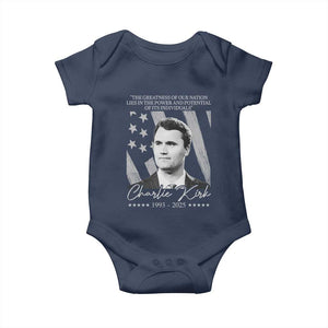 Charlie Kirk Baby Onesie The Greatness Of Our Nation Lies In The Power And Potential Of Its Individuals TS11 Navy Print Your Wear