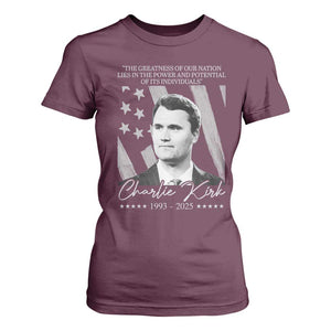 Charlie Kirk T Shirt For Women The Greatness Of Our Nation Lies In The Power And Potential Of Its Individuals TS11 Maroon Print Your Wear