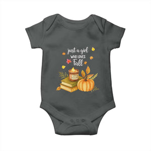 Just A Girl Who Loves Fall Baby Onesie Cozy Autumn Season TS11 Dark Heather Print Your Wear