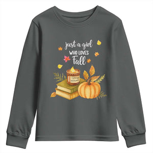 Just A Girl Who Loves Fall Youth Sweatshirt Cozy Autumn Season TS11 Dark Heather Print Your Wear