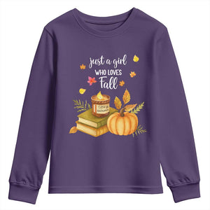 Just A Girl Who Loves Fall Youth Sweatshirt Cozy Autumn Season TS11 Purple Print Your Wear