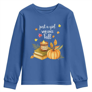Just A Girl Who Loves Fall Youth Sweatshirt Cozy Autumn Season TS11 Royal Blue Print Your Wear