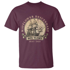Mayflower Descendant T Shirt 405 Years Pilgrim Fathers Thanksgiving History TS11 Maroon Print Your Wear