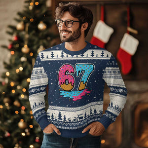 Funny 67 Ice Cream Drip Meme Six Seven Gen Alpha Slang Ugly Christmas Sweater TS11 Navy Beige Print Your Wear