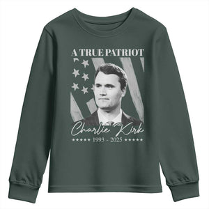 A True Patriot Charlie Kirk Youth Sweatshirt Vintage American Flag TS11 Dark Forest Green Print Your Wear