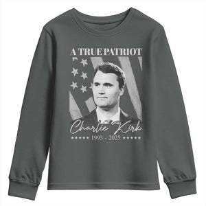 A True Patriot Charlie Kirk Youth Sweatshirt Vintage American Flag TS11 Dark Heather Print Your Wear