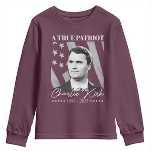 A True Patriot Charlie Kirk Youth Sweatshirt Vintage American Flag TS11 Maroon Print Your Wear