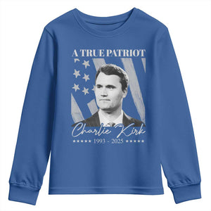 A True Patriot Charlie Kirk Youth Sweatshirt Vintage American Flag TS11 Royal Blue Print Your Wear