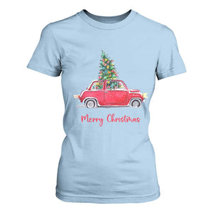 Merry Christmas T Shirt For Women Vintage Xmas Tree Car TS11 Light Blue Print Your Wear