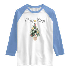 Christmas Raglan Shirt Merry And Bright Retro Xmas Tree TS11 White Carolina Blue Print Your Wear