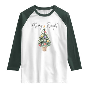 Christmas Raglan Shirt Merry And Bright Retro Xmas Tree TS11 White Dark Forest Green Print Your Wear