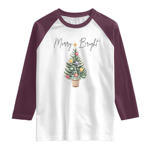 Christmas Raglan Shirt Merry And Bright Retro Xmas Tree TS11 White Maroon Print Your Wear