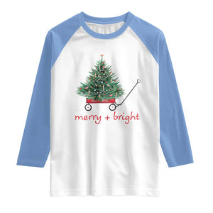 Christmas Raglan Shirt Merry And Bright Retro Xmas Tree Wagon TS11 White Carolina Blue Print Your Wear