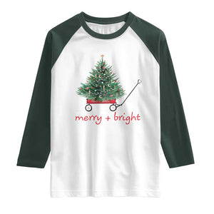 Christmas Raglan Shirt Merry And Bright Retro Xmas Tree Wagon TS11 White Dark Forest Green Print Your Wear