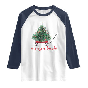 Christmas Raglan Shirt Merry And Bright Retro Xmas Tree Wagon TS11 White Navy Print Your Wear