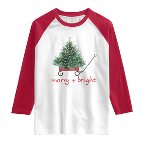 Christmas Raglan Shirt Merry And Bright Retro Xmas Tree Wagon TS11 White Red Print Your Wear