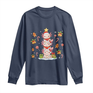 Funny Christmas Kawaii Axolotl Xmas Tree Long Sleeve Shirt TS11 Navy Print Your Wear