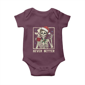 Funny Christmas Never Better Baby Onesie Messy Bun Skeleton Drinking Coffee TS11 Maroon Print Your Wear