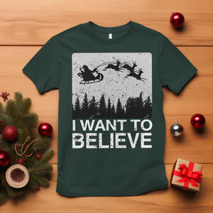 Funny Christmas Santa T Shirt I Want To Believe Sleigh With Reindeers TS11 Dark Forest Green Print Your Wear