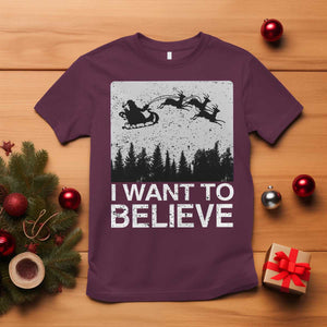 Funny Christmas Santa T Shirt I Want To Believe Sleigh With Reindeers TS11 Maroon Print Your Wear