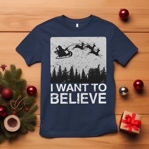Funny Christmas Santa T Shirt I Want To Believe Sleigh With Reindeers TS11 Navy Print Your Wear