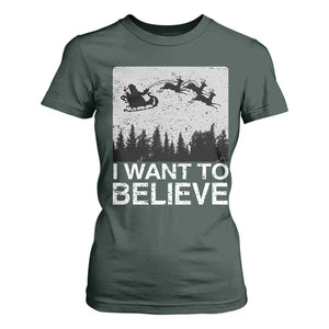 Funny Christmas Santa T Shirt For Women I Want To Believe Sleigh With Reindeers TS11 Dark Forest Green Print Your Wear