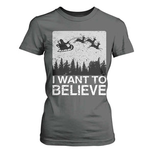 Funny Christmas Santa T Shirt For Women I Want To Believe Sleigh With Reindeers TS11 Dark Heather Print Your Wear