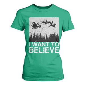 Funny Christmas Santa T Shirt For Women I Want To Believe Sleigh With Reindeers TS11 Irish Green Print Your Wear