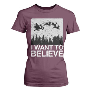 Funny Christmas Santa T Shirt For Women I Want To Believe Sleigh With Reindeers TS11 Maroon Print Your Wear