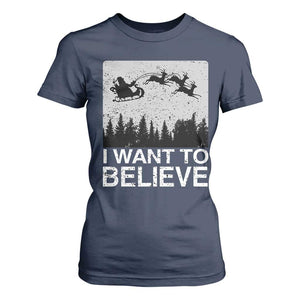 Funny Christmas Santa T Shirt For Women I Want To Believe Sleigh With Reindeers TS11 Navy Print Your Wear