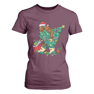 Funny Santa Bigfoot Christmas Tree T Shirt For Women TS11 Maroon Print Your Wear