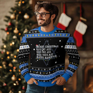 Funny Merry Christmas Kiss My His Your Ass Happy Hanukkah Ugly Sweater TS11 Black Blue Print Your Wear