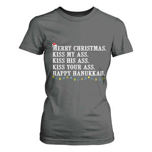 Funny Merry Christmas Kiss My His Your Ass Happy Hanukkah T Shirt For Women TS11 Dark Heather Print Your Wear