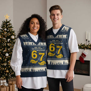 Funny 67 New Year V-Neck Knit Sweater Vest The Next Two Years Are Literally 2026 And 2027 Fireworks TS11 Navy Beige Print Your Wear