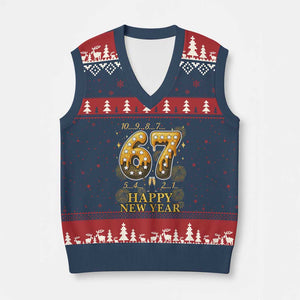 Funny 67 New Years Eve V-Neck Knit Sweater Vest Countdown New Year Party 2026 Six Seven Meme TS11 Navy Red Print Your Wear