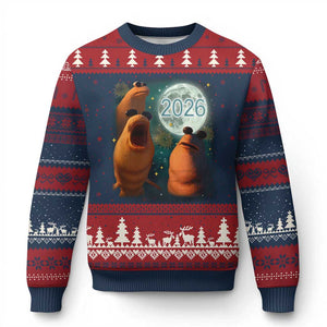 Funny Marcus The Worm New Year Ugly Christmas Sweater Happy New Year 2026 Moon NYE Party TS11 Navy Red Print Your Wear
