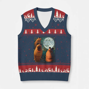 Funny Marcus The Worm New Year V-Neck Knit Sweater Vest Happy New Year 2026 Moon NYE Party TS11 Navy Red Print Your Wear