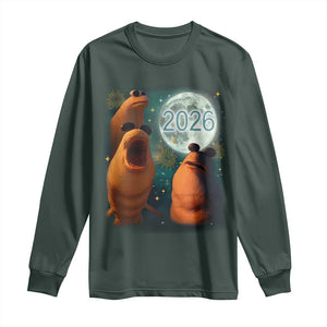 Funny Marcus The Worm New Year Long Sleeve Shirt Happy New Year 2026 Moon NYE Party TS11 Dark Forest Green Print Your Wear