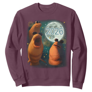 Funny Marcus The Worm New Year Sweatshirt Happy New Year 2026 Moon NYE Party TS11 Maroon Print Your Wear