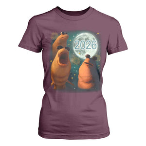 Funny Marcus The Worm New Year T Shirt For Women Happy New Year 2026 Moon NYE Party TS11 Maroon Print Your Wear