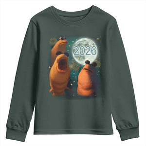 Funny Marcus The Worm New Year Youth Sweatshirt Happy New Year 2026 Moon NYE Party TS11 Dark Forest Green Print Your Wear